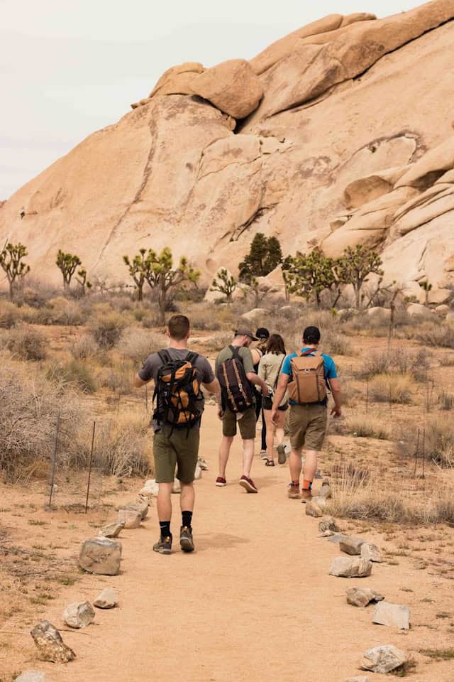 Hiking adventure in Joshua Tree National Park with friends exploring desert landscape and unique rock formations.